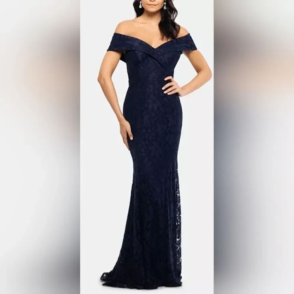 XSCAPE Petite Off-The-Shoulder Lace Gown NWT Size 12P NavyāBlue